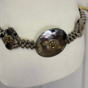 Vintage 80s Black Cord Belt Silver Coil Spring Chain Disc Flower Made Korea